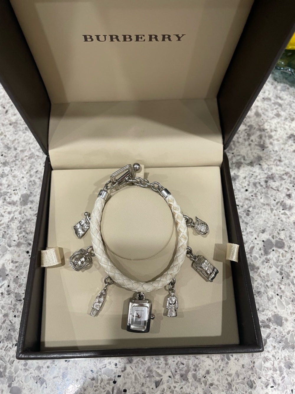 Burberry White Braided Leather Charm Bracelet with Silver-Tone Charms